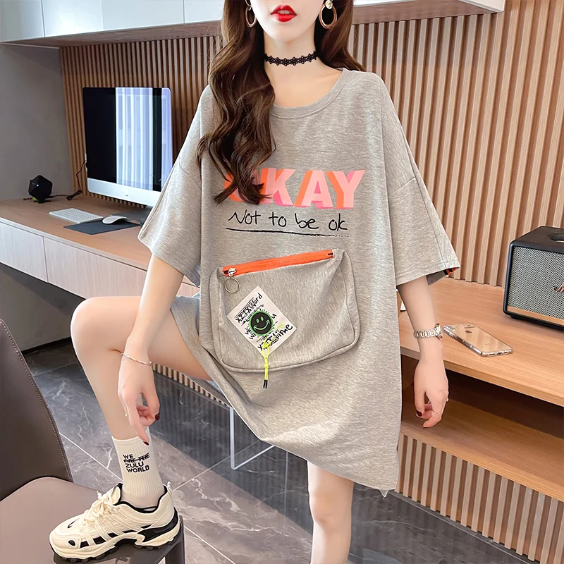 Y2k Clothing Zipper Pockets Store Phone Mid-length Short Sleeve Street Casual T Shirt Women Korean-style New Shirt Summer Tops