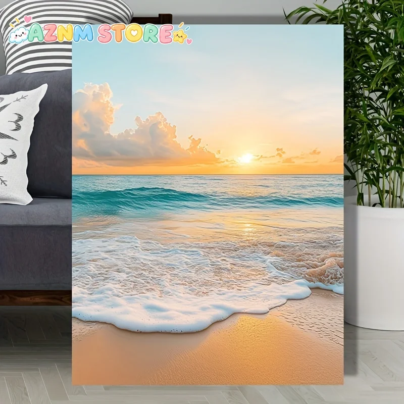 2D 1pc Frameless Caribbean Beach Sunset Canvas Art Print, Golden Sands and Turquoise Waves Oil Painting Wall Decor, Peaceful