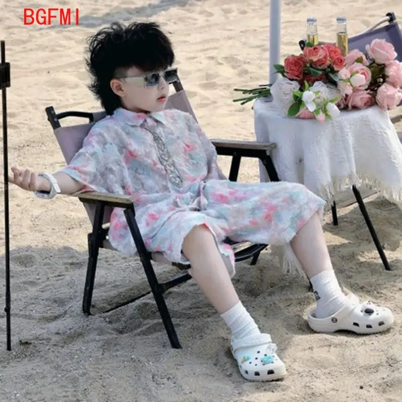 Children's Tie Dye Set Boy Flower Short Sleeved Shirt+ Shorts 2pcs Set Children's Clothing New Boys Baby Summer Thin Clothing