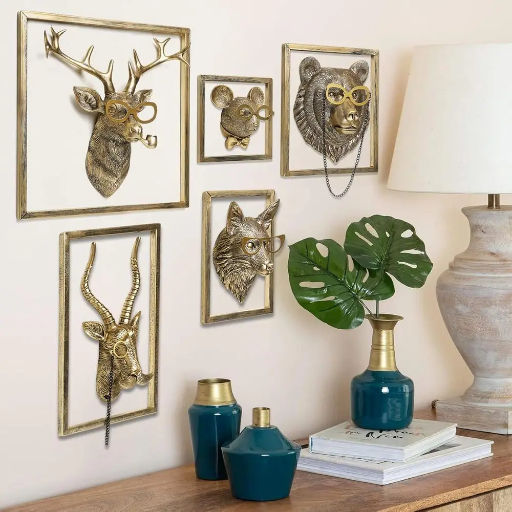 Vintage Gold Animal Heads Wall Art Set - 5 Resin Sculptures with Metal Frame for Home Decor
