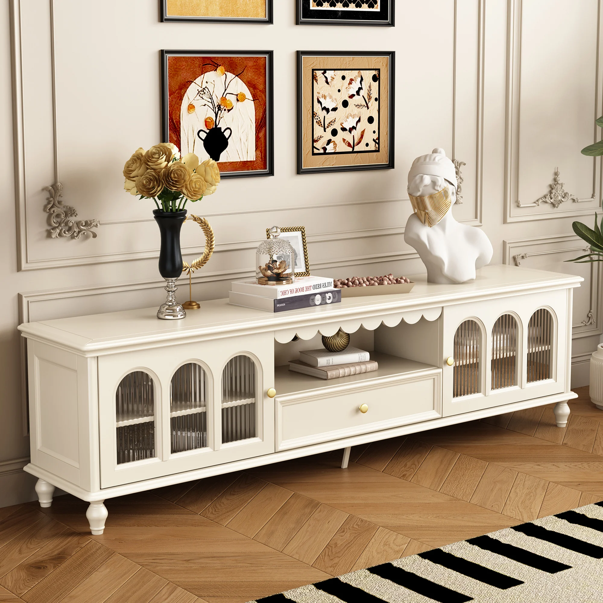 

American Cream Wind TV Cabinet Coffee Table Compound Combination Ancient Solid Wood High Living Room French Locker Floor Cabinet