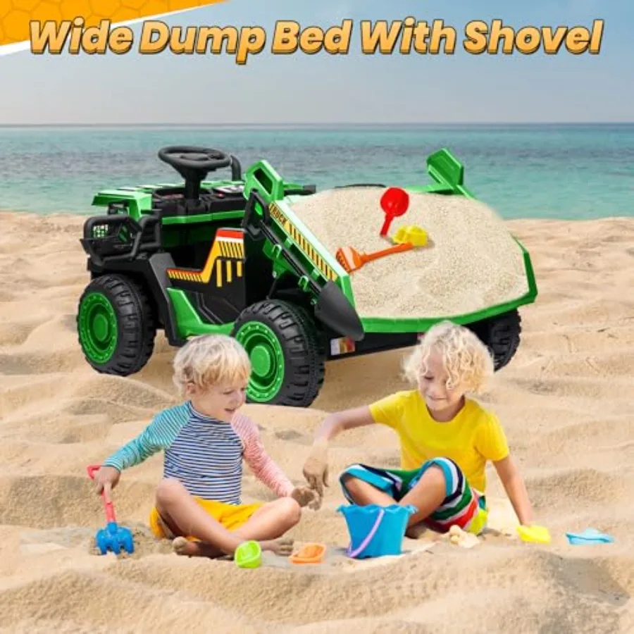 24V 電動ダンプトラック、2X200W強力モーター搭載、最高速度4.9マイル/時、20インチの広々とした2人乗り電動乗用車、電動ダンプベッドと追加の収納スペース付き