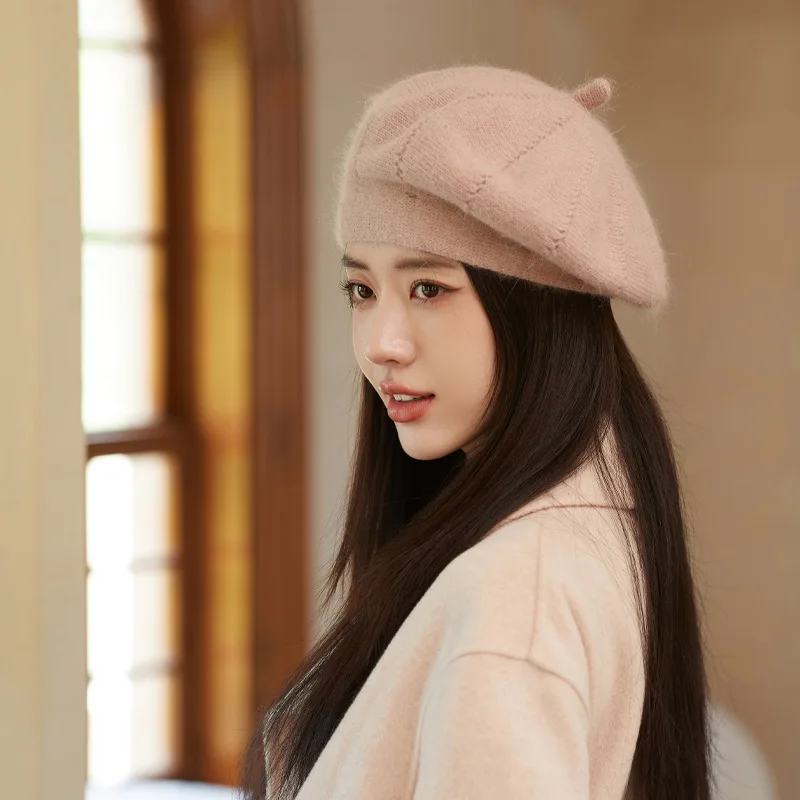 Warm Knitted Beanie Cap Autumn Winter Beret Hat for Women Girls Rabbit Hair Berets Korean Toddler Princess Solid Painter Caps