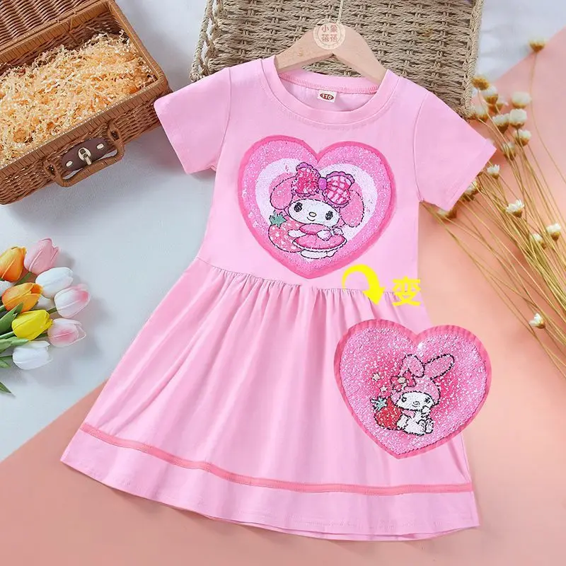

Аниме My Melody Kuromi Cinnamoroll Kawaii платье принцессы с короткими рукавами, двустороннее изменение цвета с блестками, новинка 2023 года, лето для девочек