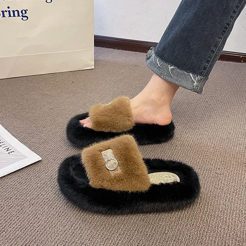 Thick Fluffy Fur Slippers 2024 New Women Winter House Warm Furry Slippers Women Flip Flops Home Slides Flat Indoor Floor Shoes