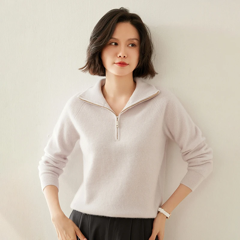 

100% Cashmere Women's Half Zipper Knitted Pullover Tops Casual Long Sleeved Warm Sweater Autumn and Winter Women's Clothing