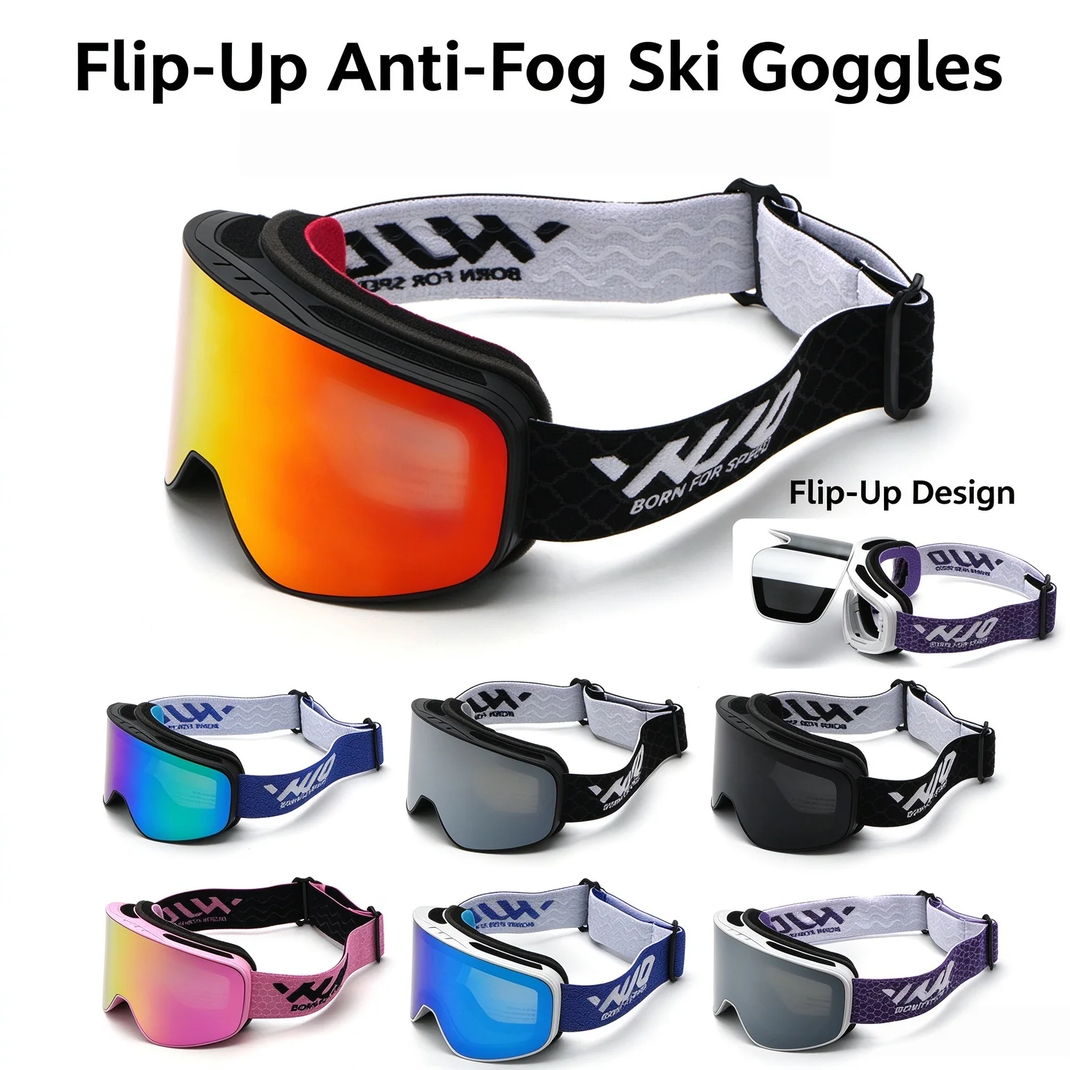 High Quality Flip Up Double Anti Fog Ski Riding Goggles Wind Snow Proof Fit Over Glasses Helmet Compatible Winter Outdoor Sports
