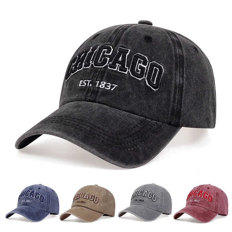 2024 New Korean Chicago Embroidery Baseball Cap for Men Women Vintage Wash Cowboy Hat for Women Casual Couple Outdoor Sport Cap