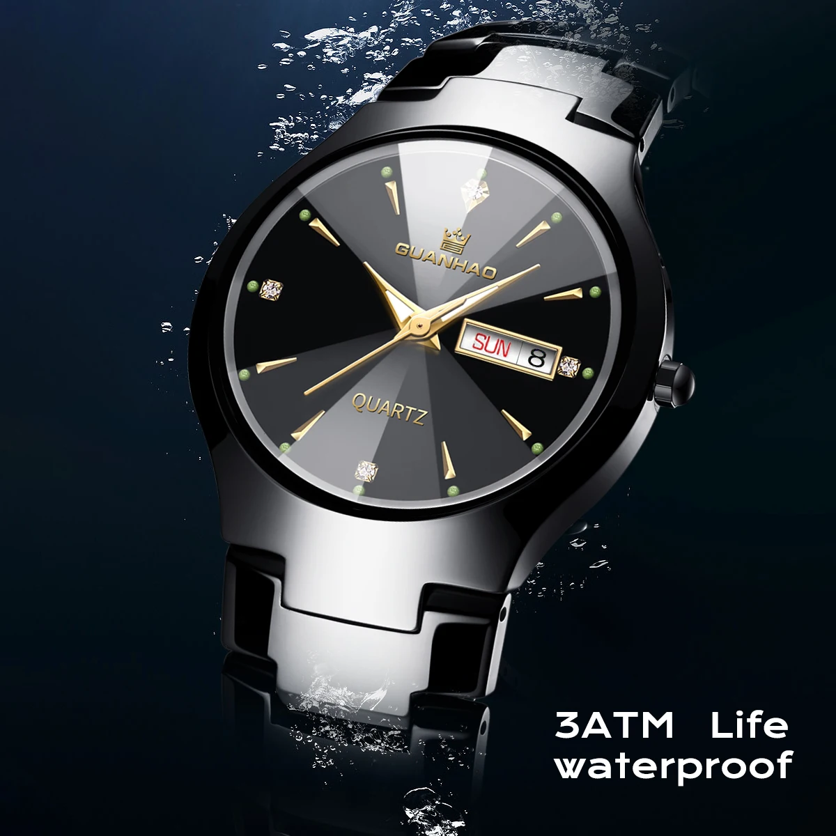 Black Ceramic Men Watches Calendar Wristwatches Waterproof Diamond Simple Dress Watch Week Display Date Quartz Wristwatch