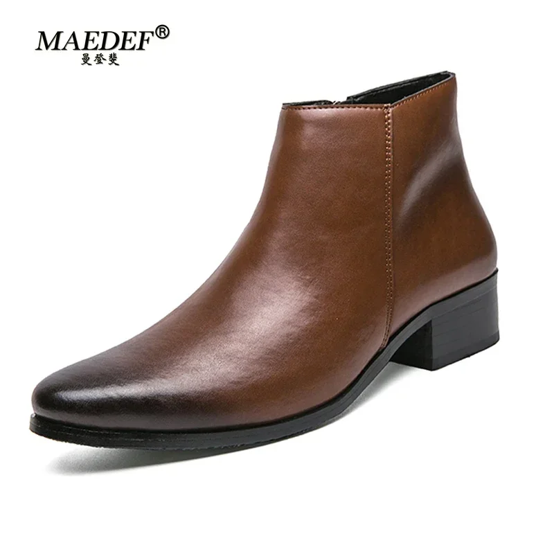 MAEDEF Mens Leather Boots Casual Slip on Formal Boot Vintage Male Shoes Classcis Man Chelsea Boots Black Casual Vintage Boots