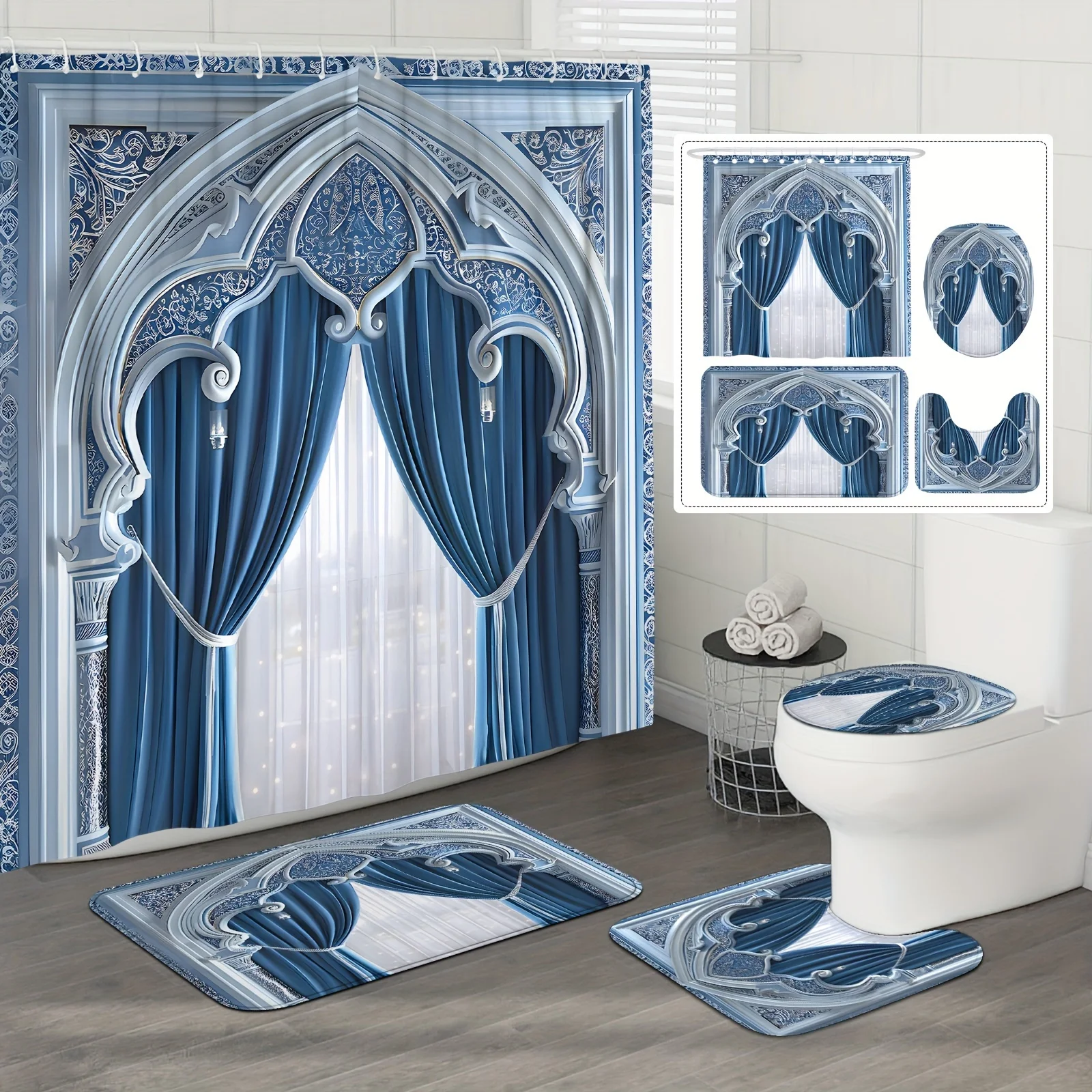 

Gothic-Style Blue & White Bath Curtain Set with 12 Hooks, Non-Slip Bathroom Mat, Toilet U-Shaped Mat, Waterproof Polyester