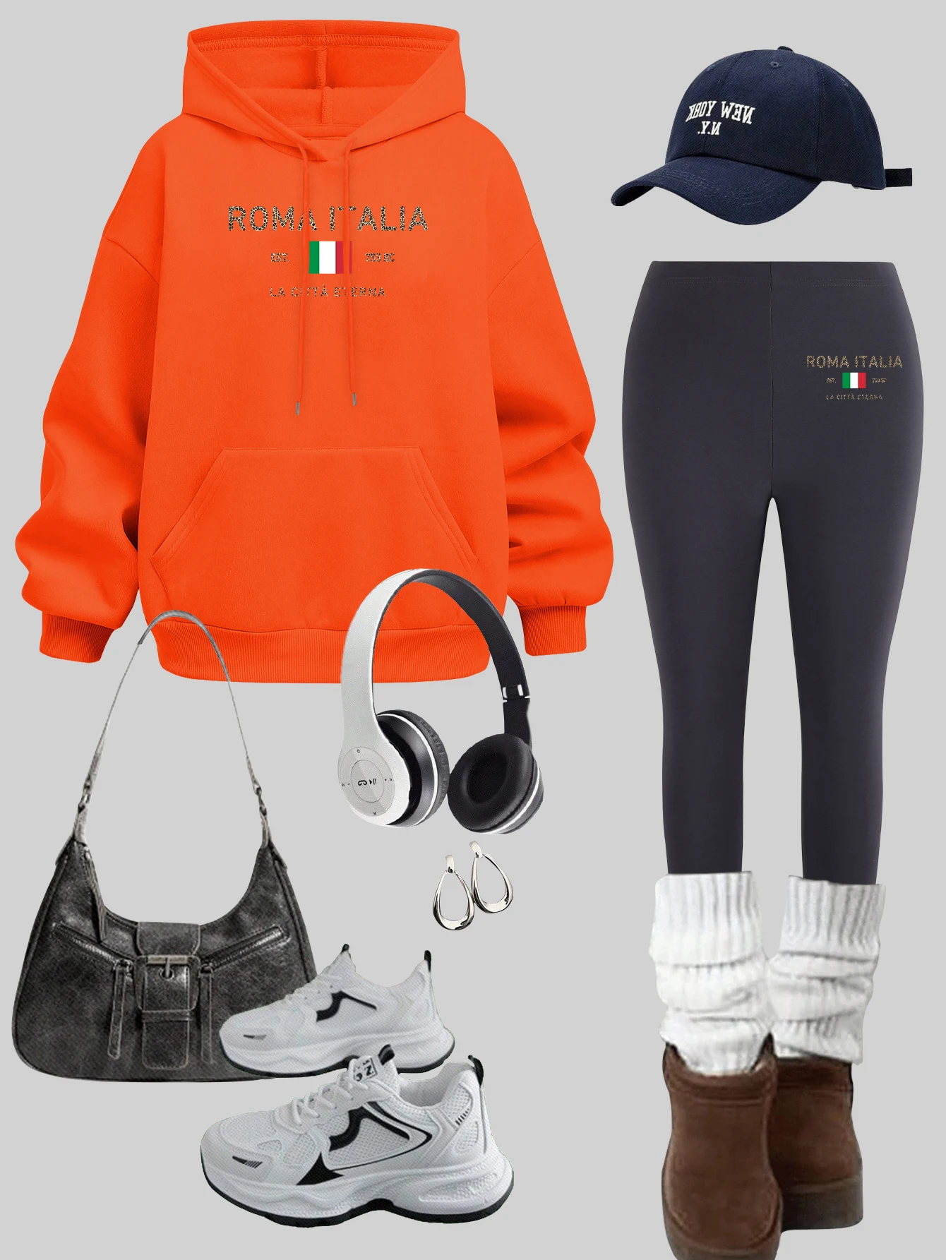 Roma Italia Art Design Woman Hoodies Set Autumn Pocket Sportswear Y2K Fleece Pullover elasticity Thicken Female leggings Sets