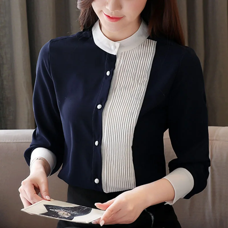 

Blusas Femininas Elegantes 2022 New Chiffion Blouses Solid Stand Women Shirts Tops Ladies Long Sleeve Blue Splicing Button 2936