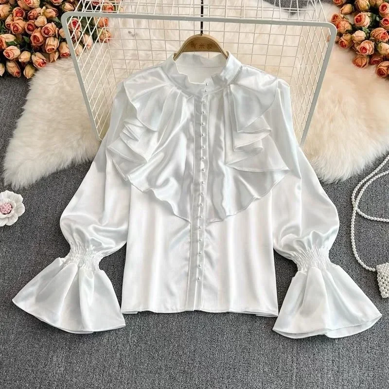 Blusas lisas Vintage para Mujer, elegantes blusas de satén de acetato con cuello levantado y manga acampanada, diseño nuevo y elegante con volantes sueltos para Mujer