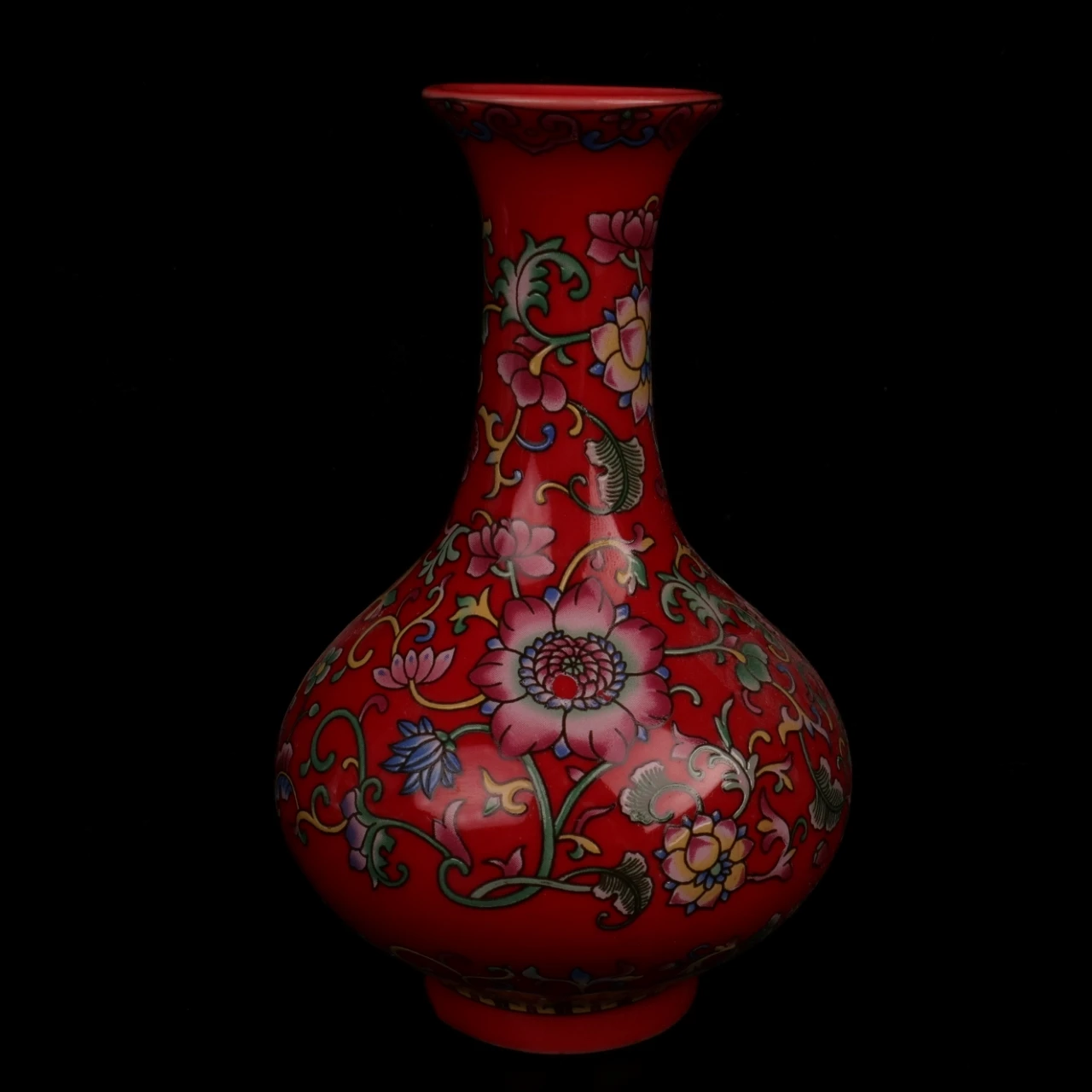 

Jingdezhen Red Enamel Colorful Flower Pattern Flat Belly Bottle Antique Porcelain Home Decoration Ornaments