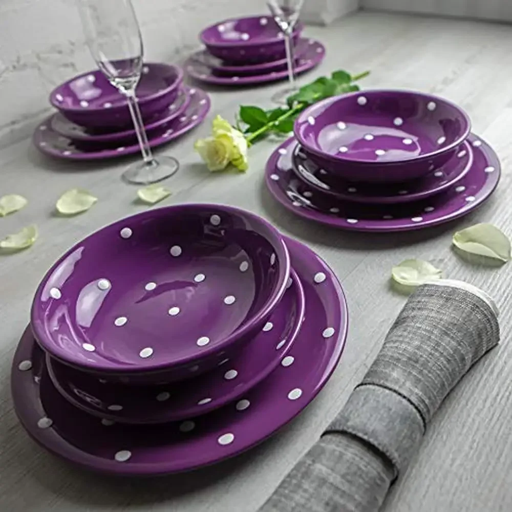 12 Piece Handmade Ceramic Dinnerware Set Purple White Polka Dot Tableware Service 4 Plates Bowls Dishwasher & Microwave Safe