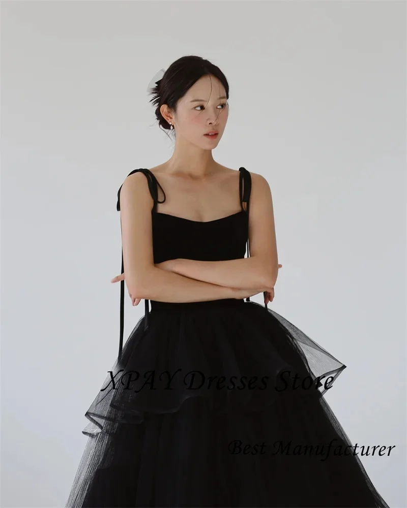 ML Tulle Tiered Evening Dresses Korea Black Wedding Party Layered Photo shoot Spaghetti Straps Floor Length Bride Gowns Corset B