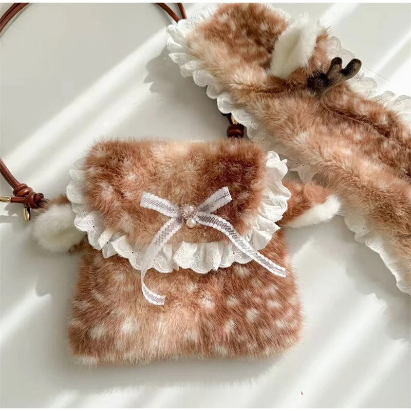 Japanische Hirsch gefleckte Band Plüsch Unterarm Umhängetasche, Mori Girl Elch flauschige Frauen Geldbörse, Winter süße Woodland Fairycore Handtasche – Detail 30
