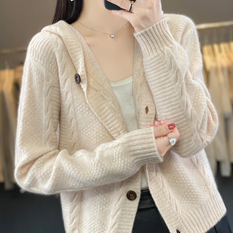 100% Merino Wool Hooded Cardigan Autumn/Winter Long Sleeved Solid Color Korean Fashion Loose Casual Knit Sweater Jacket To