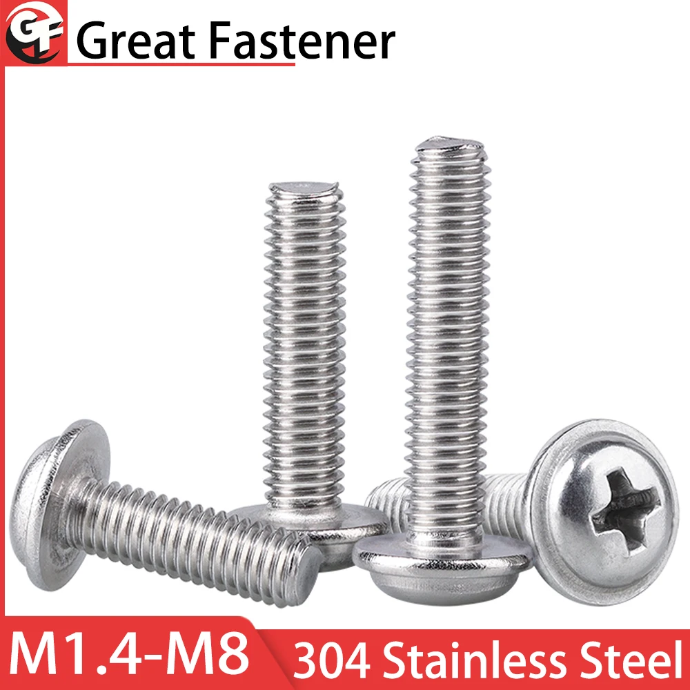 

M1.4 M2 M3 M4 M5 M6 M8 304 Stainless Steel Round Head Phillips Screws with Washer Pan Head Machine Thread Computer Electronics