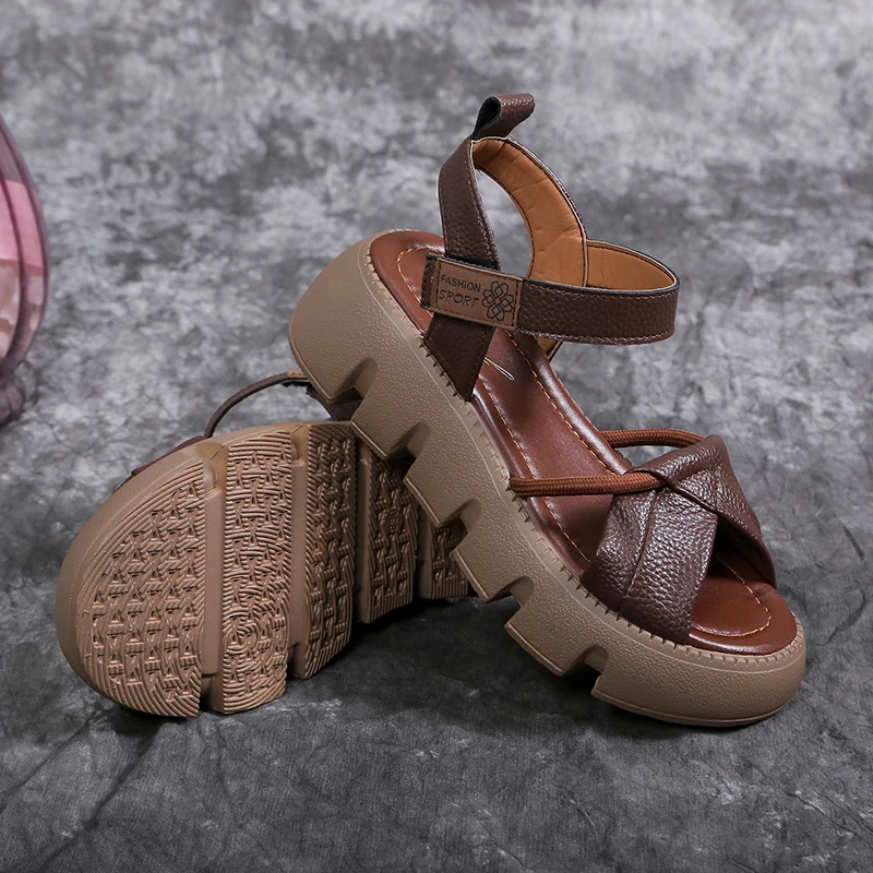 Promotion Thick Sole Wedges Sandals 2026 New Summer Open Toe Real Leather Sandals Comfort Non-slip Women Roman Sandals