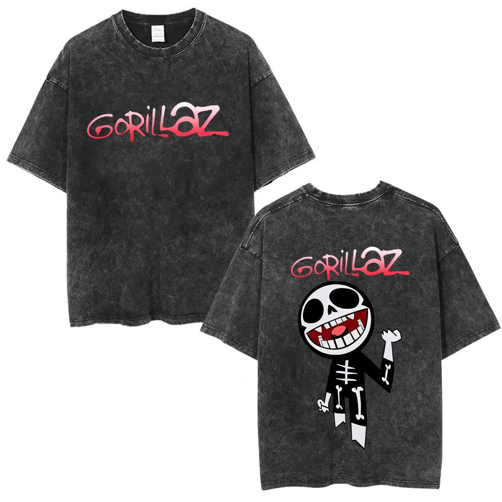 

Gorillaz Cartoon Skull Pink Print Vintage Black T-shirt for Men 2026 Summer Cotton Streetwear Loose Fit Casual Tee