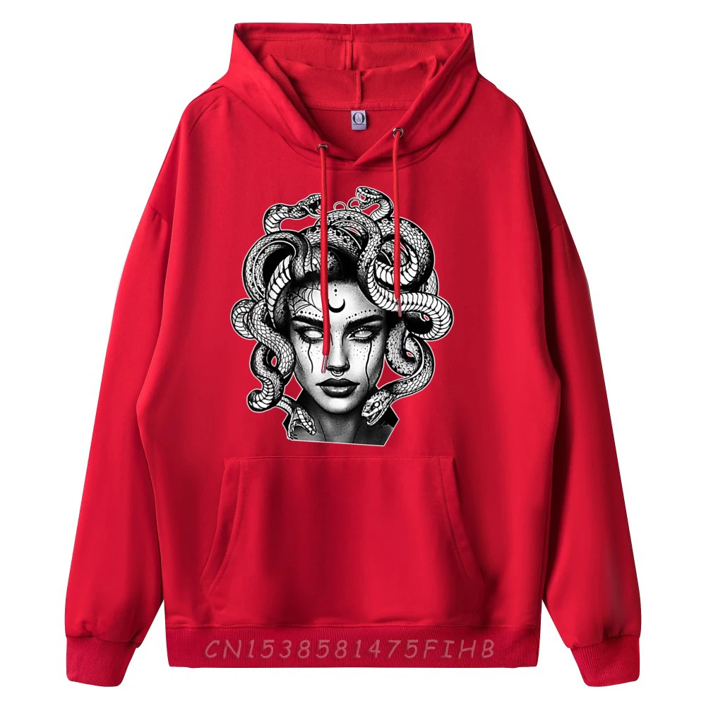 Tattooed Medusa Greek Mythology Blackwork Men's Long Sleeve Hoodies Cool New Year Day Hoodies Crazy Hoodies Graphic Crew Neck