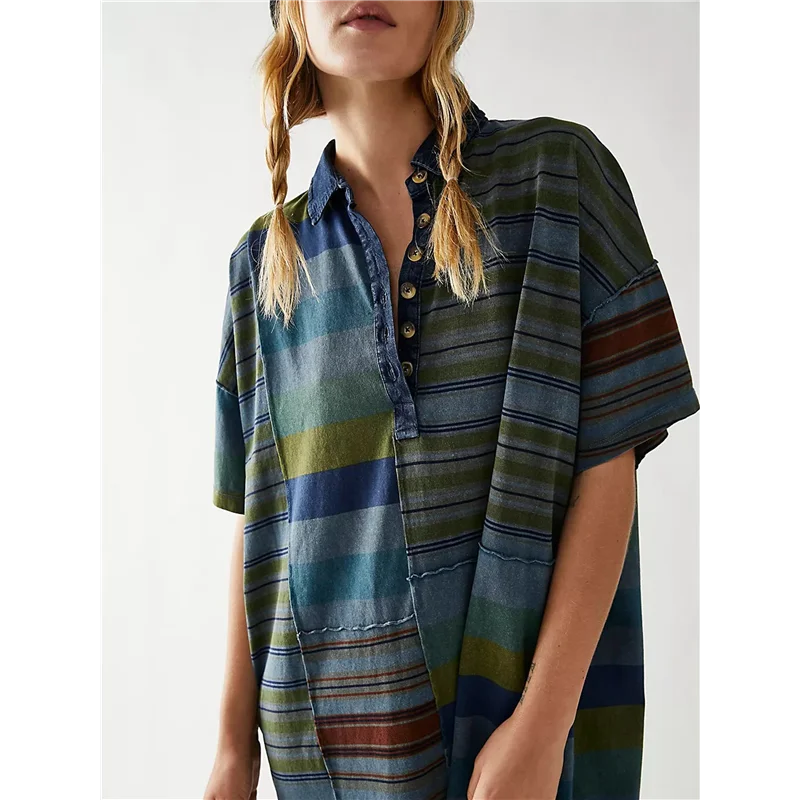 CGS-Women Contrast Striped Babydoll Y2k Summer Patchwork T- Shirt Dress Vintage V Neck Short Sleeve Dress