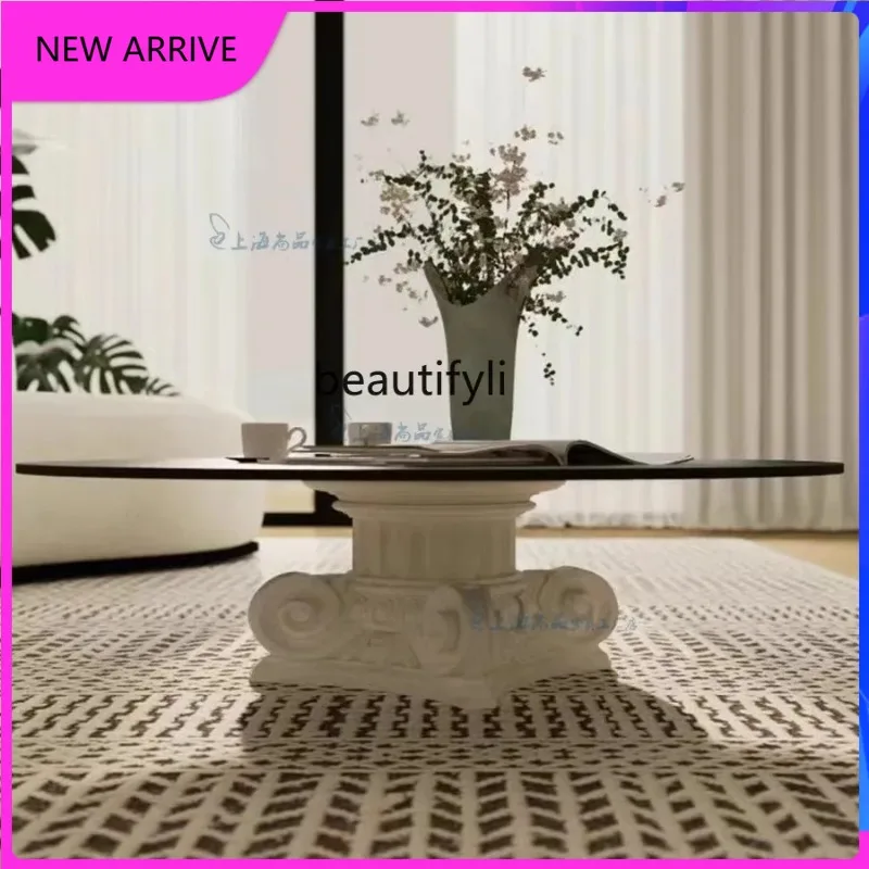 A4567 Modern simple solid wood Roman column coffee table Nordic retro medieval marble round tea table
