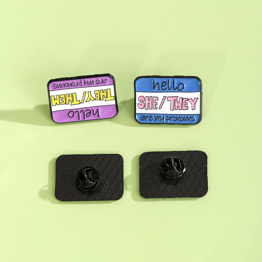 New Social Series Enamel Square Brooch Hello He/Him She/Her They/Them She/They Are My Pronouns Lapel Pins