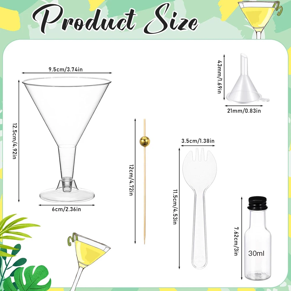 7 oz Clear Charcuterie Cups for Martini Party Salad Appetizer Cups Dressing Alcohol Bottle Set Mini Plastic Martini Glasses Set