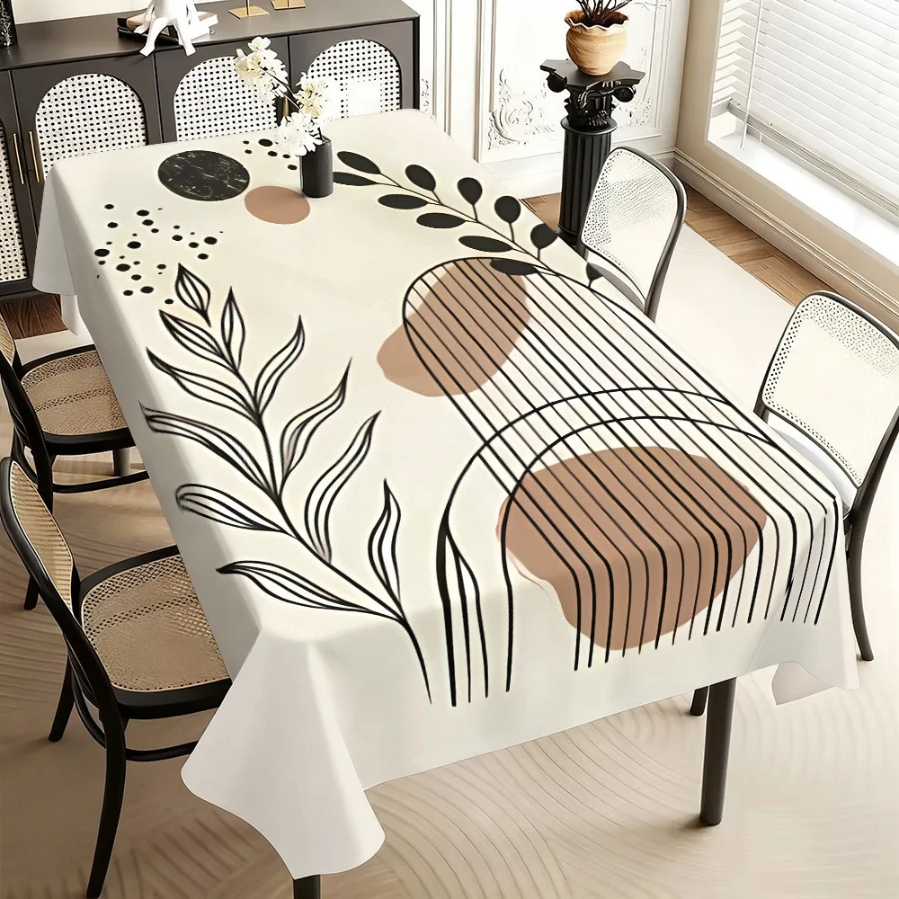 Single-sided printed. Modern minimalist style. Leaf and branch pattern in beige, black and brown color. Square tablecloth.