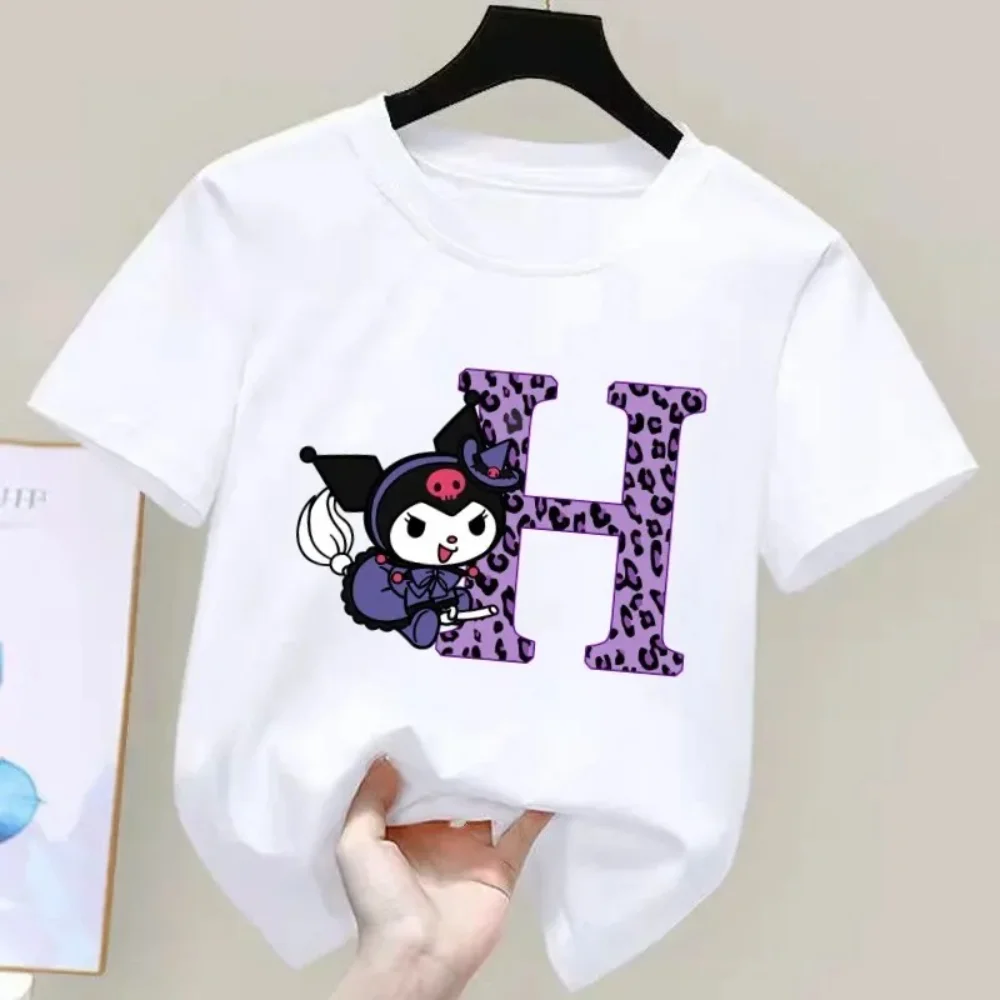 Kuromi Anime Letter A-Z Children's Short-sleeved New Sanrio Summer T-shirt Clothes Girly Heart Soft Clothes Kawaii Birthday Gift