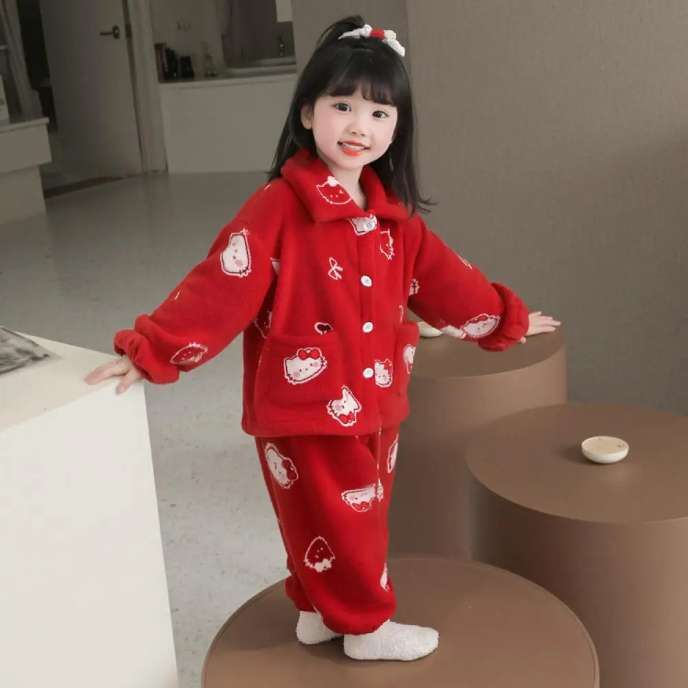 Sanrio Hello Kitty Girls Autumn Winter Home Clothes New Flannel Children's Pajamas Baby Girl Warm and Stylish Coral Velvet Suit