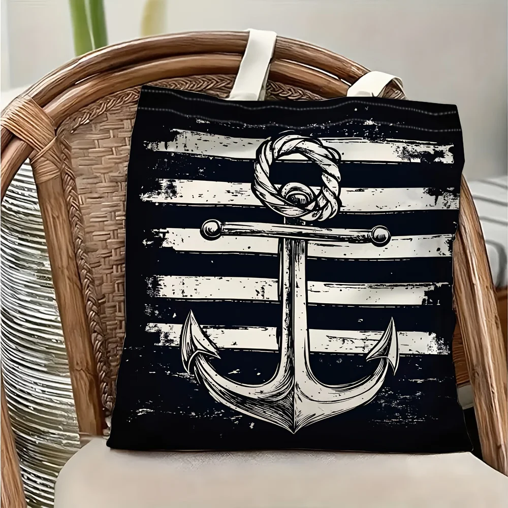 1pc Distressed Black and White Stripe Anchor Tote Bag, Reusa