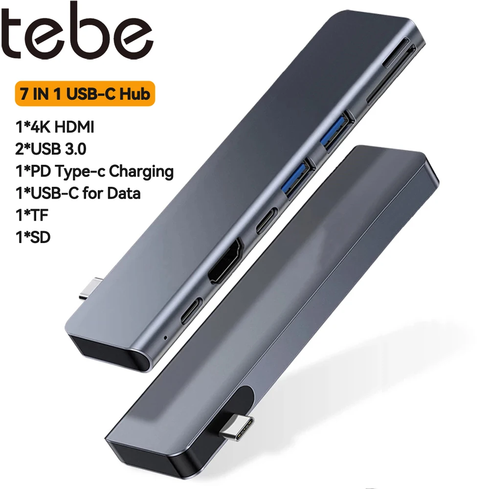 Tebe 7 in 1 C타입 허브, 맥북 USB-C에서 4K HDMI 호환 USB 3.0, SD/TF PD 고속 충전 스플리터, USB C 도킹 스테이션