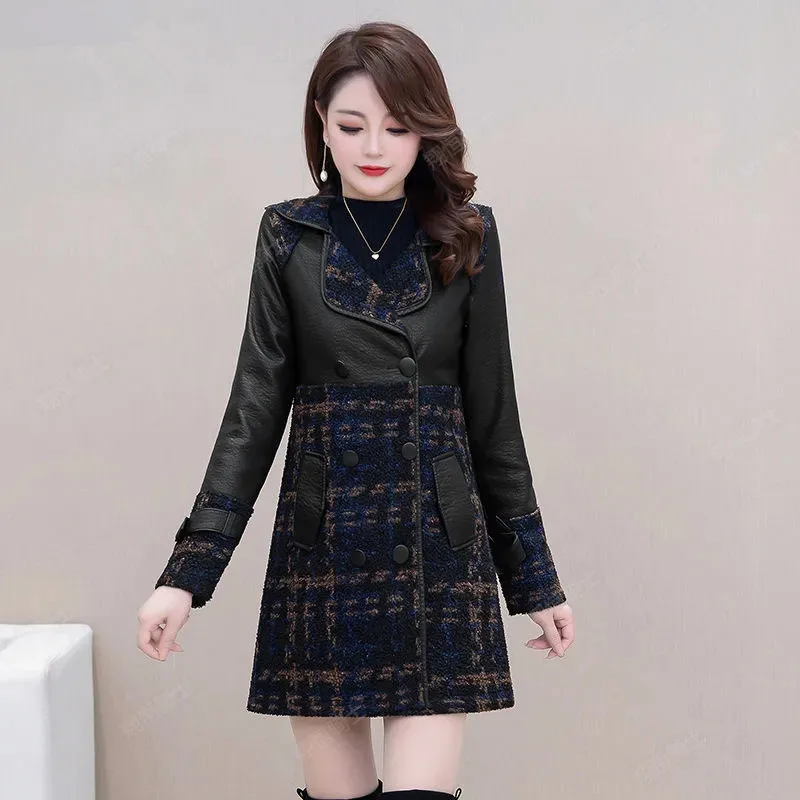 Women Long Plaid Western-Style Coat Fashion 2023 PU Leather Jacket 5XL Outerwear Velvet Outcoat Temperament Trend Top A1238