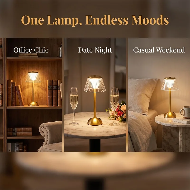 Night Light LED Table Lamp Crystal-Clear Acrylic Long-Life Battery Brushed Gold Finish 3 Color Modes Cordless Freedom Touch Sensor Rechargeable Nordic Interior Dimming Stand LED Bedside Lamp for Restaurant Hotel Bar Bedroom