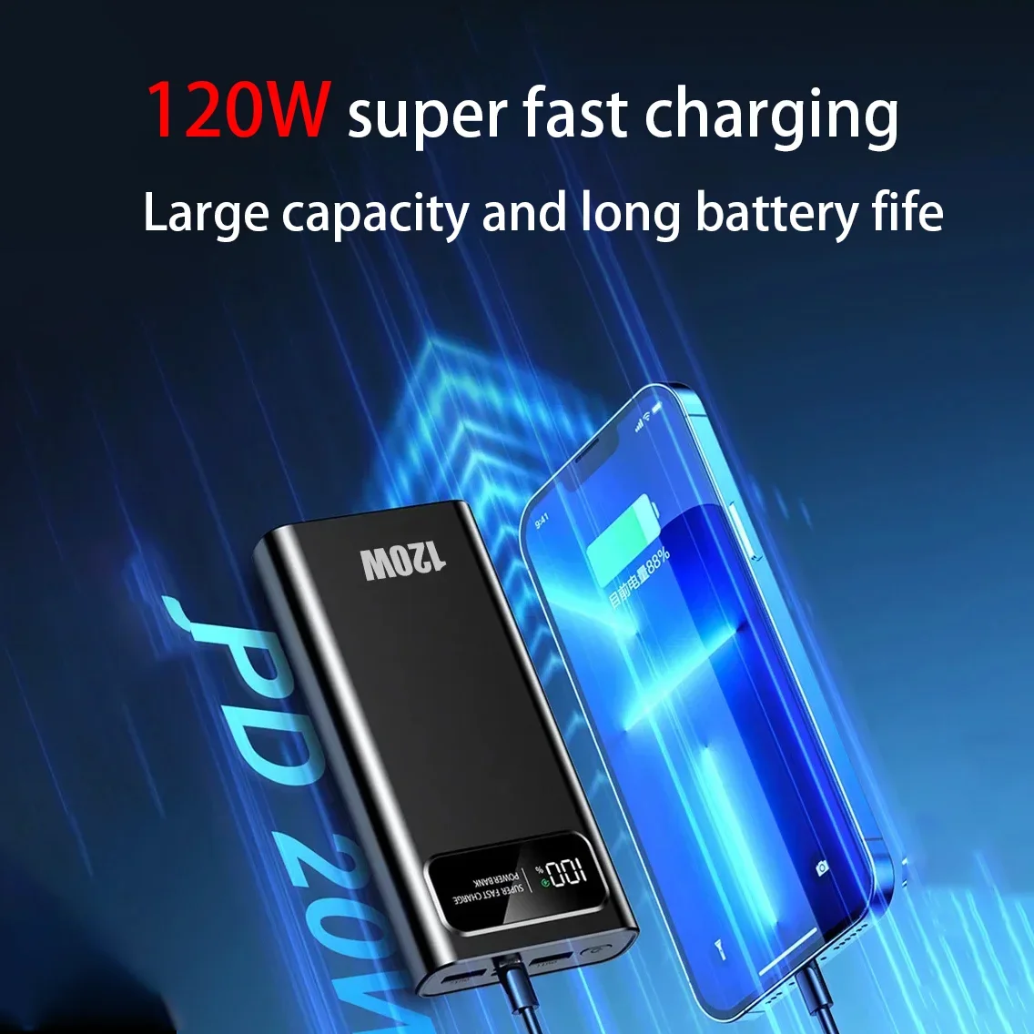 VIVO 200000mAh قدرة عالية 120 واط شحن سريع للغاية 3C شهادة قوة البنك بطارية عرض قوة البنك آيفون Xiaomi