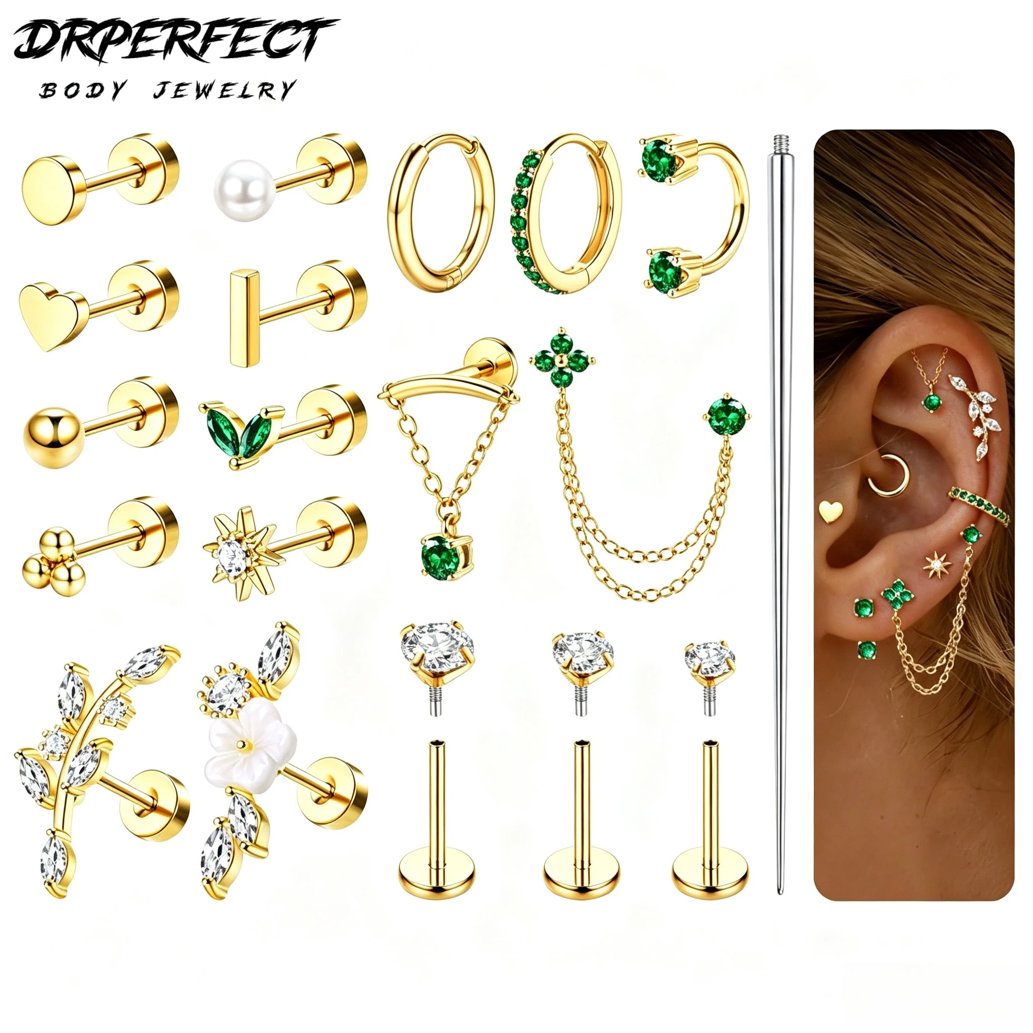 Drperfect 16G Hypoallergenic Flat Back Stud Hoop Earrings for Women Stainless Steel Cartilage Earring Stack Helix Piercing Jewel