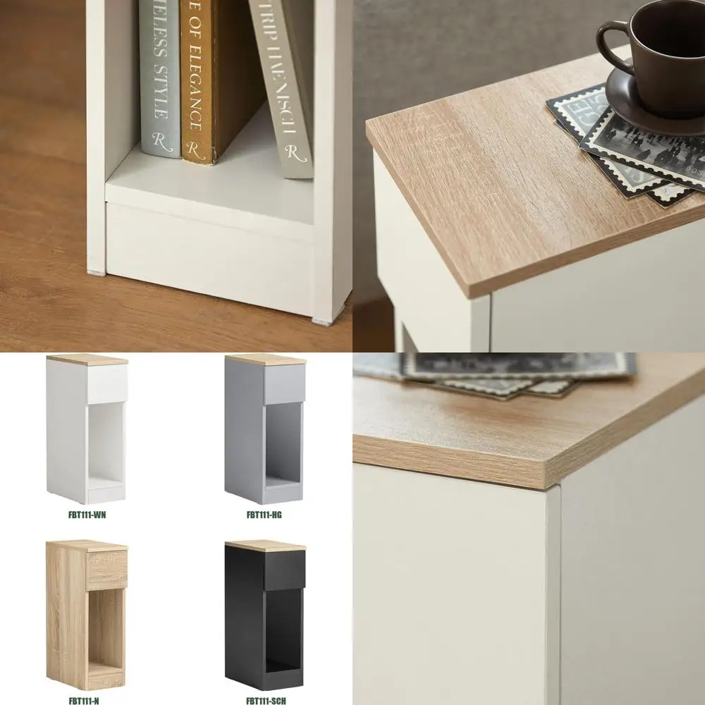 

Slim White & Natural Nightstand with Sliding Door and Open Compartment Storage