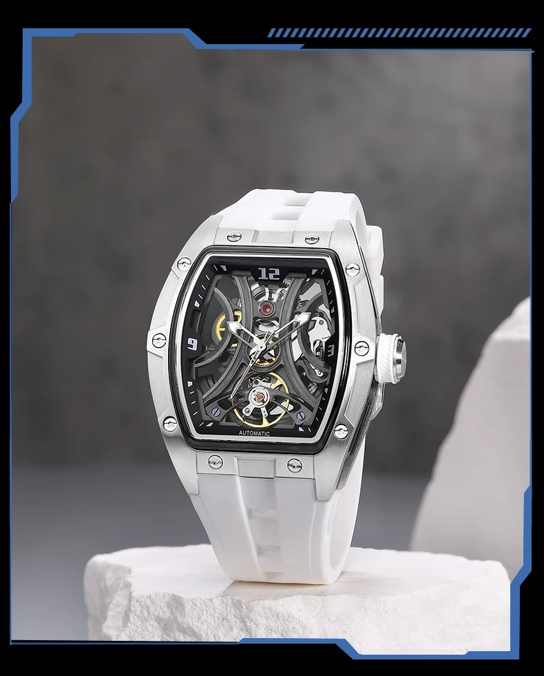 MEGIR Sport-Stil, automatische mechanische Uhr für Herren, voll hohl, transparentes Zifferblatt-Design, Edelstahlgehäuse, Silikonarmband – Detail 29