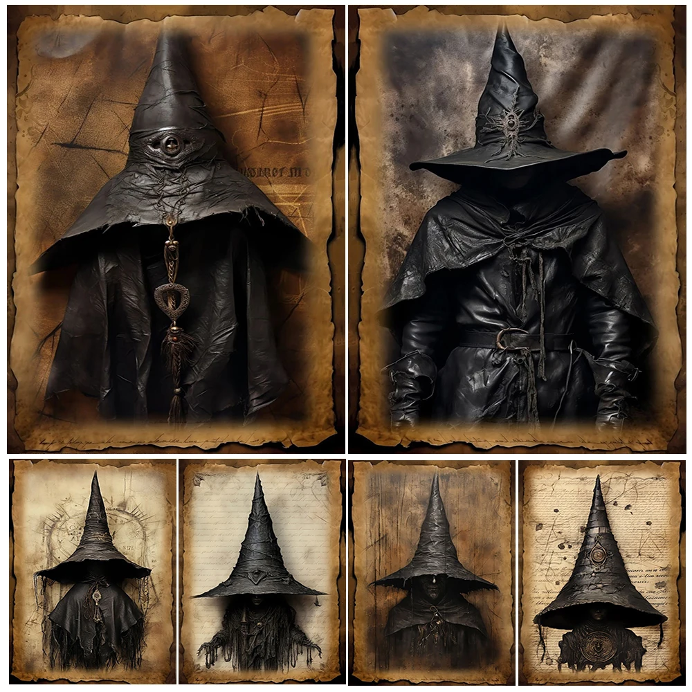 Mystic Witch Hat Set,Vintage Wall Art Canvas Painting,Pagan Dark Fantasy Abstract Art Poster And Print,Home Decoration Unframed