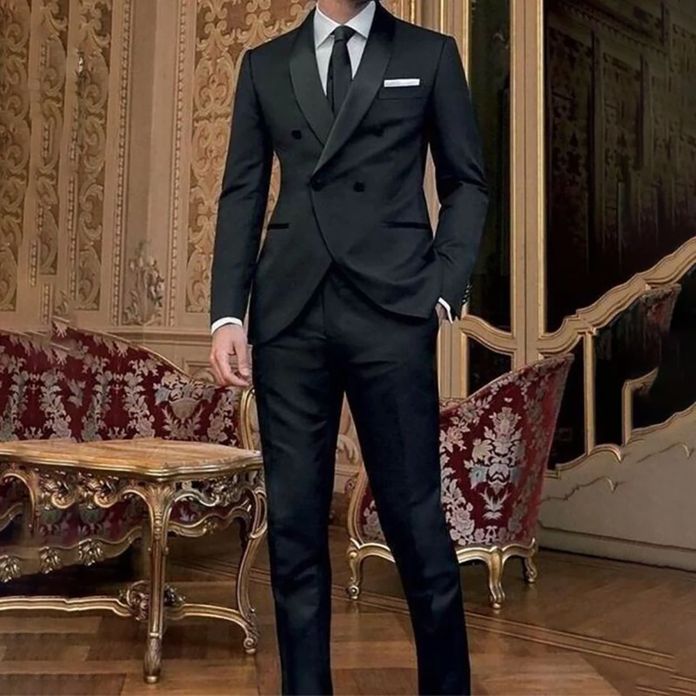 

Elegant Black Men Suits Double Breasted Business Blazer Fashion Flim Fit 2 Piece Jacket Pants Costume Homme Pour Mariage