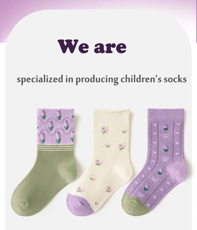 Mädchen-Baumwollsocken, Frühlings-Rüschensocken, lila Blumenmuster-Socken mit Schleife, 5 Paar, mittelhohe Socken, 1–12 Jahre, Baumwollsocken für Kinder. – Detail 2