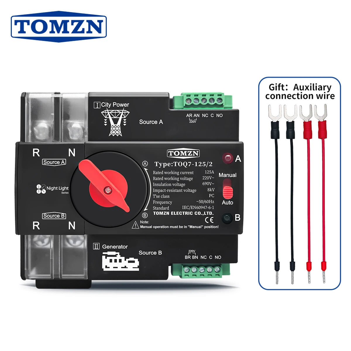 TOMZN Przełącznik Automatyczny ATS na Szynę DIN AC 220V 230V, Podwójne Zasilanie, Przełącznik Elektryczny Automatycznego Przełączania, Bezprzerwowy, 2P 63A 100A 125A