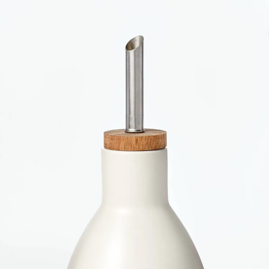 Cream Stoneware Ceramic Oil Pour Bottle,18.7oz Oil Dispenser with Stainless Steel Spout & Wooden Lid, Farmhouse Kitchen Oil Storage Container