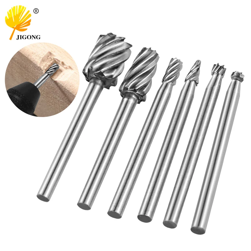 6PCS Rotary File Cutter HSS Dremel Milling Rotating Burrs Grinding Head Wood Carving Knife Cutter Tools Engraving Accessories