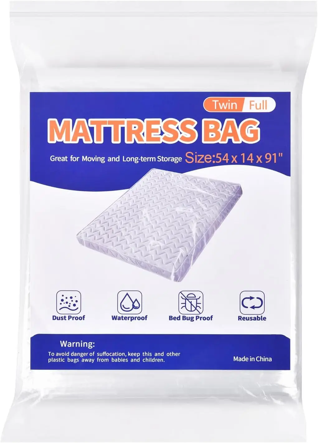 

Waterproof Mattress Bag for Moving & Storage, Twin/Full Size, Heavy Duty Plastic Protector Cover, 1 Pack