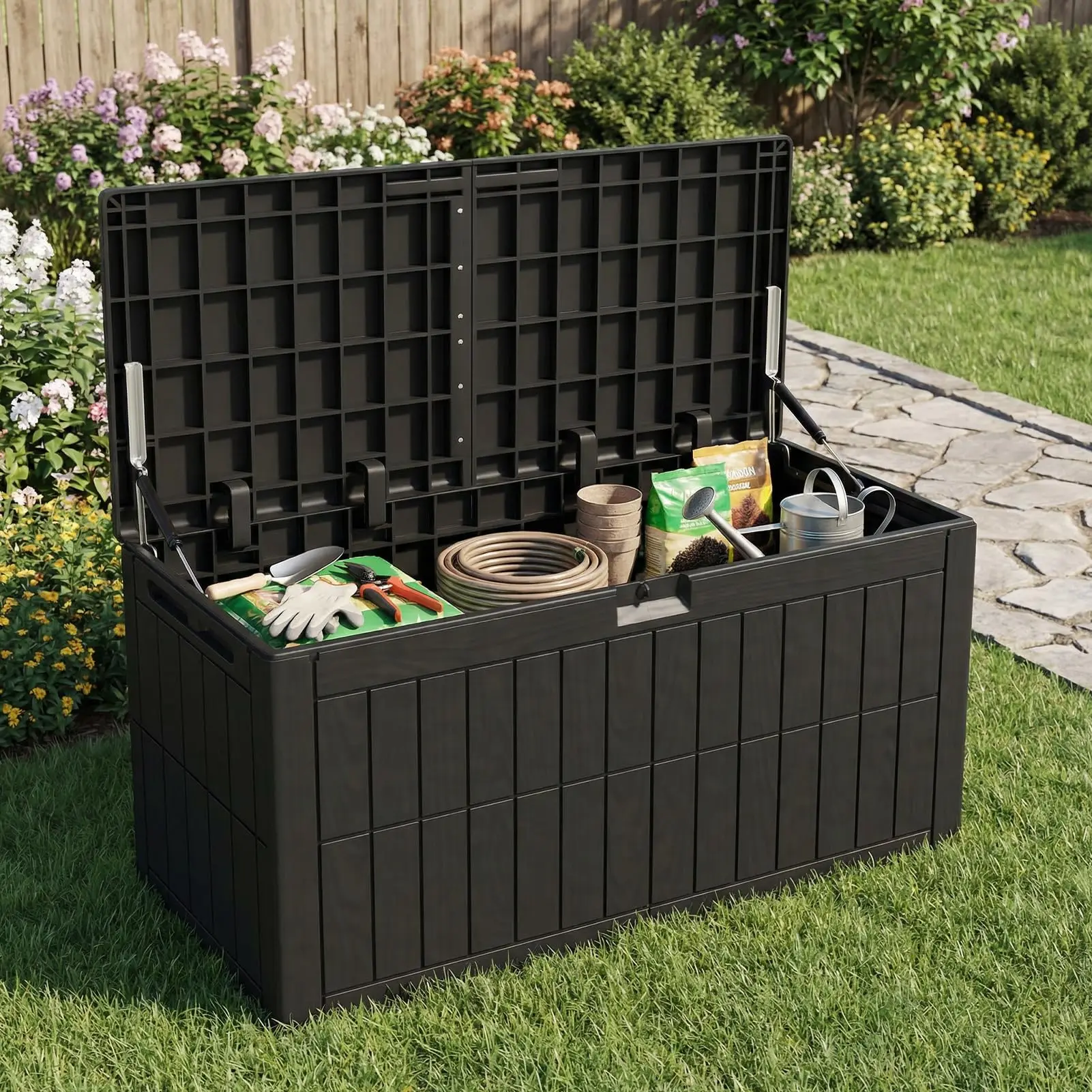 100 Gallon Resin Outdoor Storage Box, Outdoor Lockable Storage Container for Patio Furniture, Outdoor Storage Bench